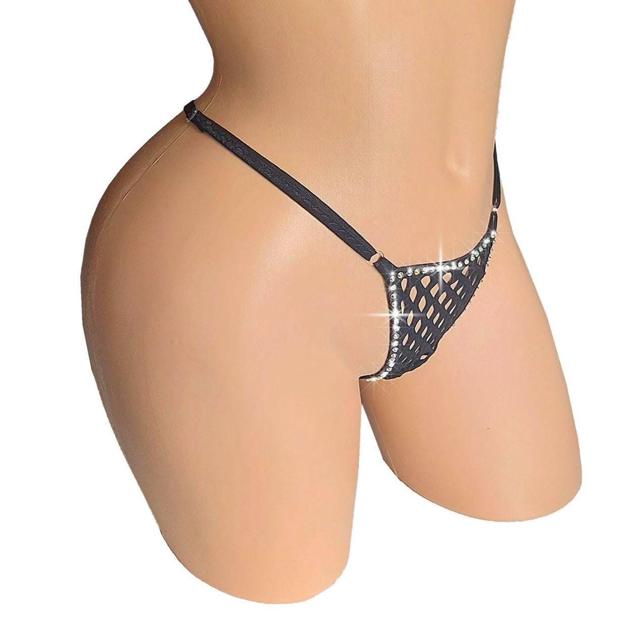 Black Rhinestone Fishnet Thong – Adjustable Rave G-String
