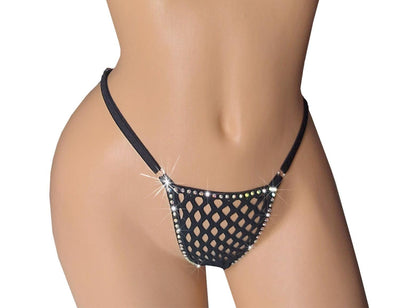 Black Rhinestone Fishnet Thong – Adjustable Rave G-String