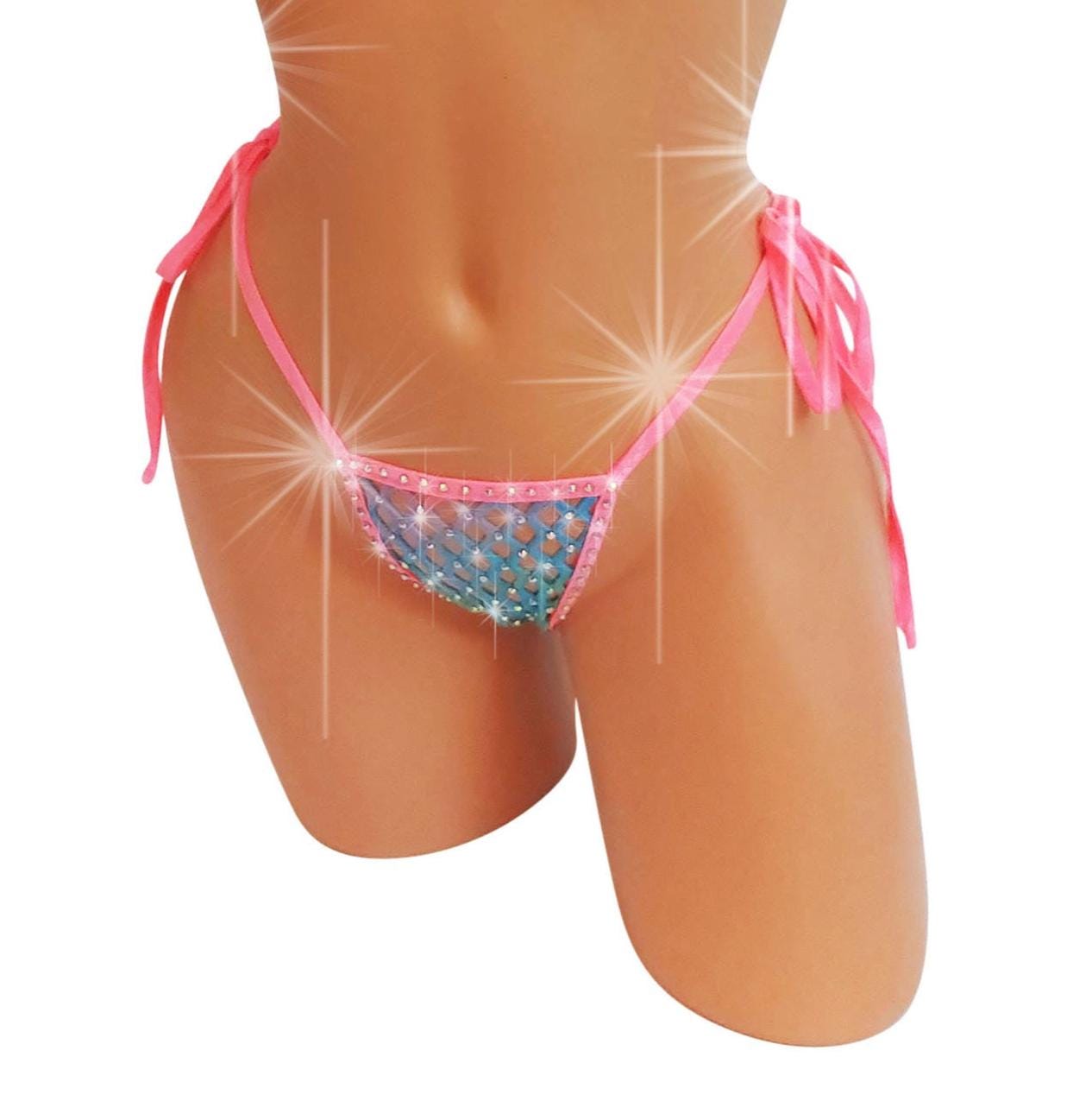 PRIDE Rainbow Rhinestone Fluffy Fishnet Thong  -  UV reactive