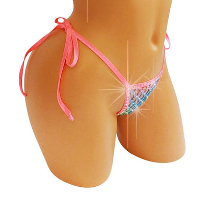 PRIDE Rainbow Rhinestone Fluffy Fishnet Thong  -  UV reactive