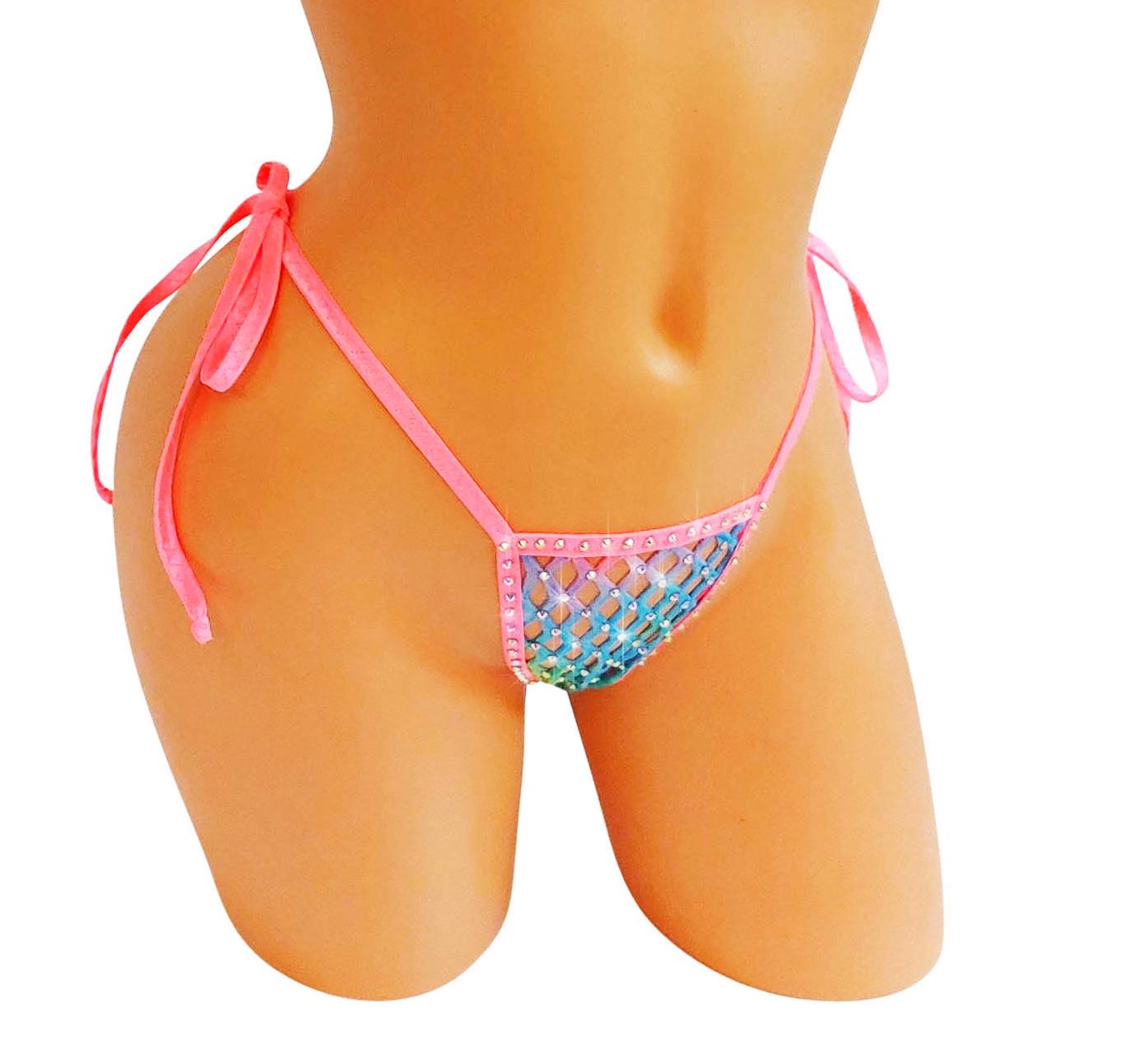 PRIDE Rainbow Rhinestone Fluffy Fishnet Thong  -  UV reactive