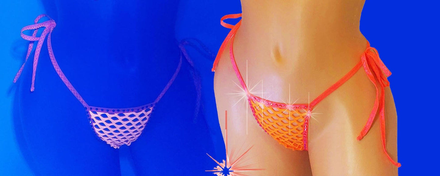 Neon Orange Rhinestone Fishnet Thong, Tie Side G-string