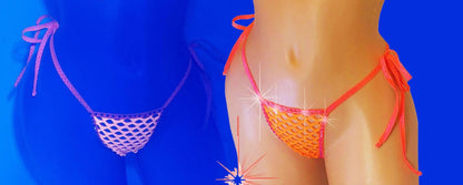 Neon Orange Rhinestone Fishnet Thong, Tie Side G-string