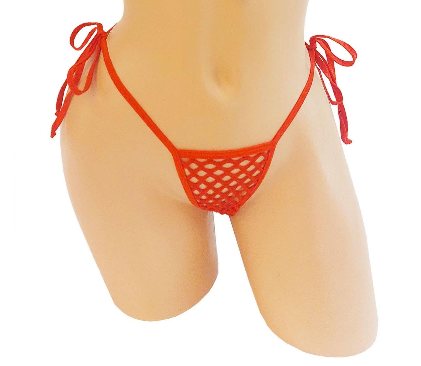 Fire Red Fishnet Fully Lined adjustable Tie thong - Five Sizes! XS to XL - Stripper outfits exotic dancewear rave pole