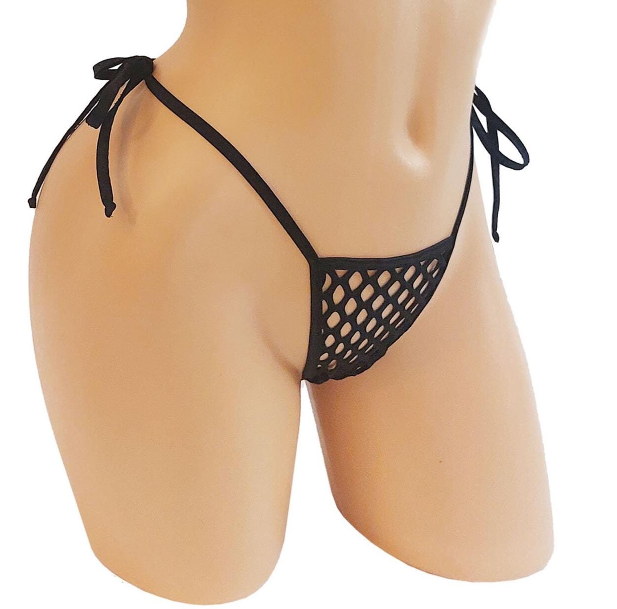 Seduce in a Black Fishnet Tie thong G-string - Five sizes from XS to XL - Exotic dancewear, stripper outfits, Rave, Pole dance * Fully LINED