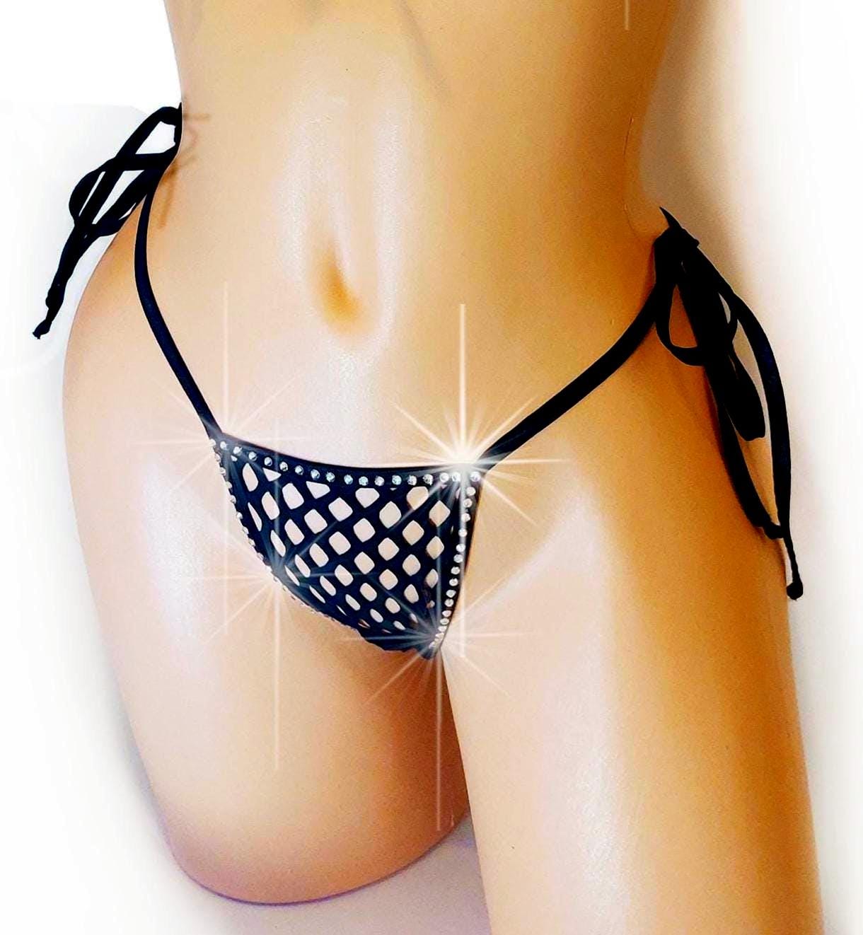 Black Rhinestone Fishnet Thong: Rave G-String, Exotic Dancewear