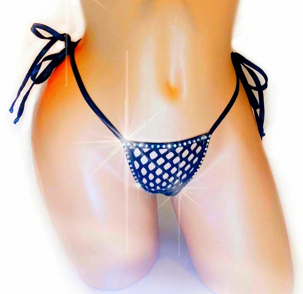 Black Rhinestone Fishnet Thong: Rave G-String, Exotic Dancewear