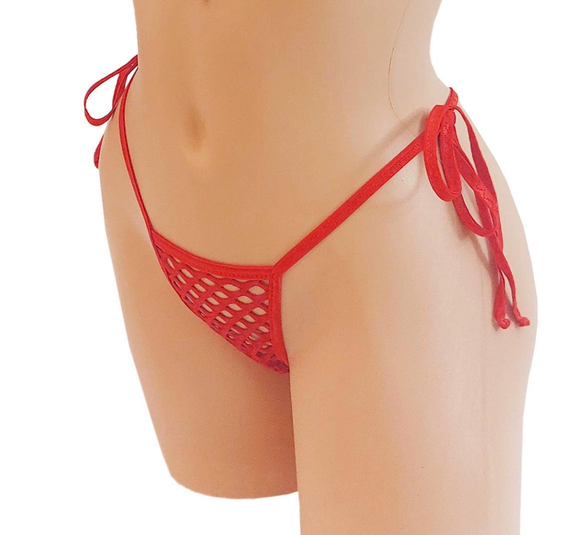 Fire Red Fishnet Fully Lined adjustable Tie thong - Five Sizes! XS to XL - Stripper outfits exotic dancewear rave pole