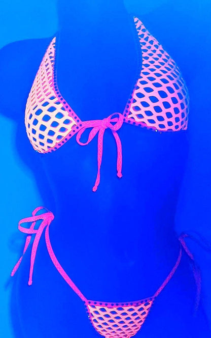 Neon Orange Rhinestone Fishnet Halter Set: Rave Dancewear, Fully lined