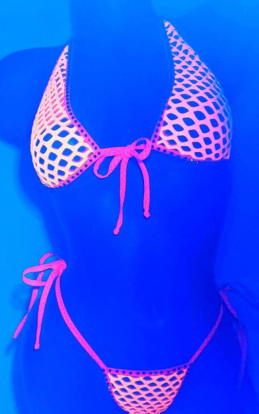 Neon Orange Rhinestone Fishnet Halter Set: Rave Dancewear, Fully lined