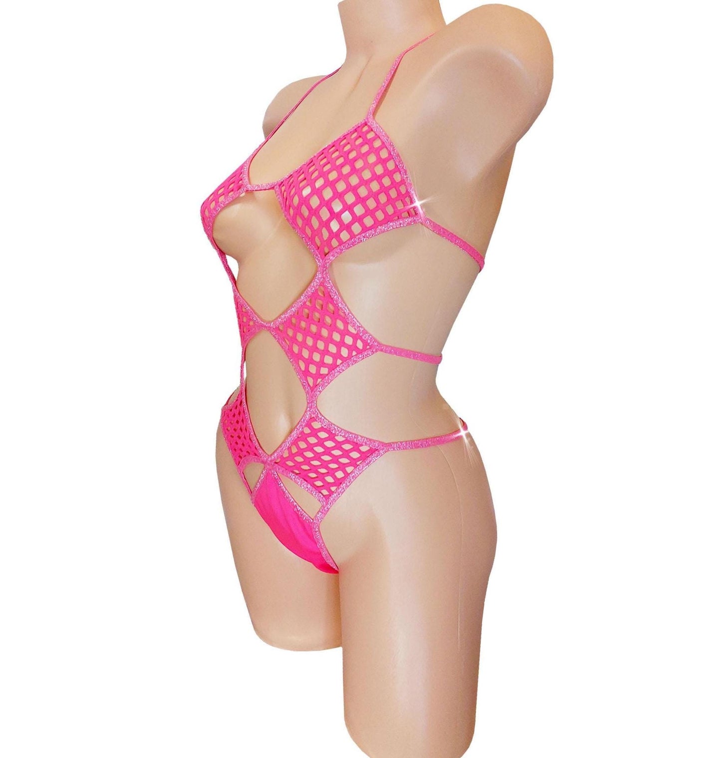 Fluffy Fishnet One-Piece: Adjustable Rave Pole Dancewear