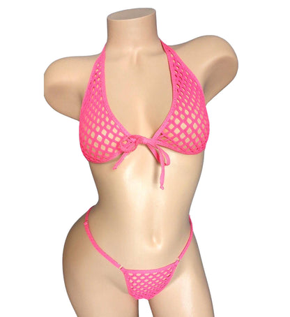 Pink Fishnet Halter Tie G-string Set - Mix & Match sizes - Fully Lined sizes Xs to XL - Rave Stripper Exotic dancewear Pole * AA to DD