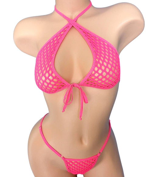 Pink Fishnet Halter Tie G-string Set - Mix & Match sizes - Fully Lined sizes Xs to XL - Rave Stripper Exotic dancewear Pole * AA to DD