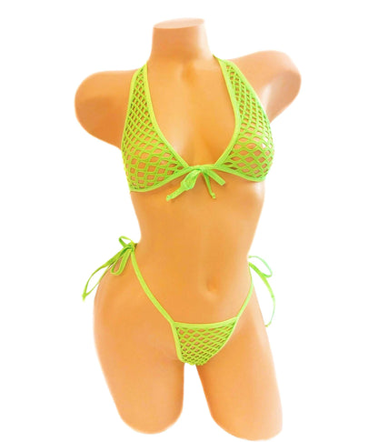 Electric Green Fishnet Halter & Tie G-string Set- 5 Mix and Match sizes * AA toDD cups * XS - XL bottoms * Fully lined * Glows Black Light!