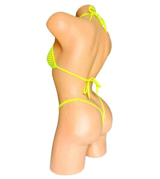 Neon Yellow Fishnet Halter G-string set! Adjustable waistband * 5 Mix & Match Sizes! Fully Lined. Cups from AA to DD and bottoms XSm to XL