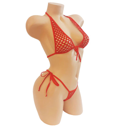 Red Fishnet Lingerie Set - Adjustable Halter Top & Thong, XS-XL
