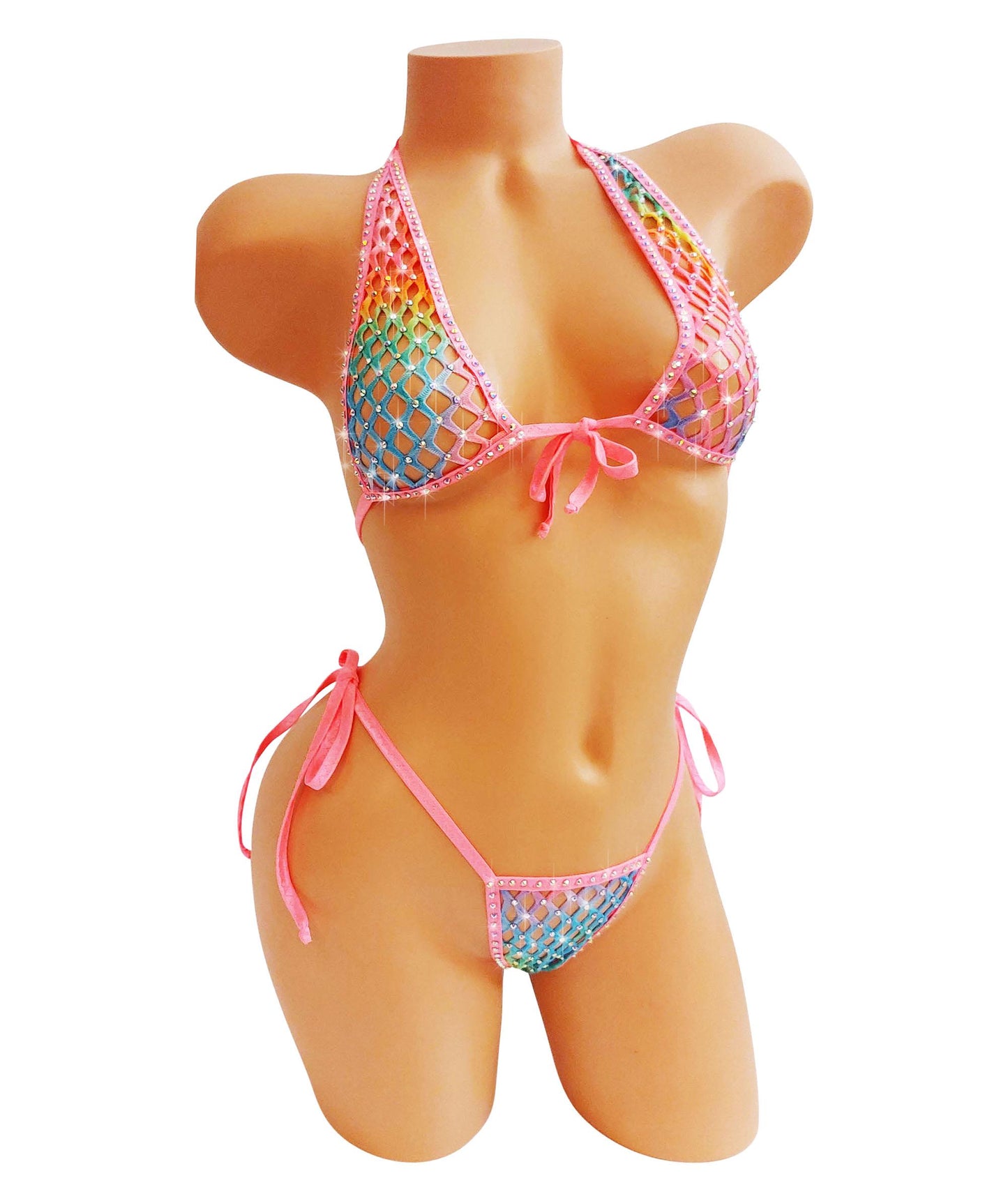 PRIDE Rhinestone Rainbow Fishnet Bikini Set, Rave Festival Thong