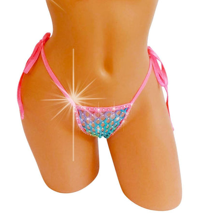 PRIDE Rainbow Rhinestone Fluffy Fishnet Thong  -  UV reactive