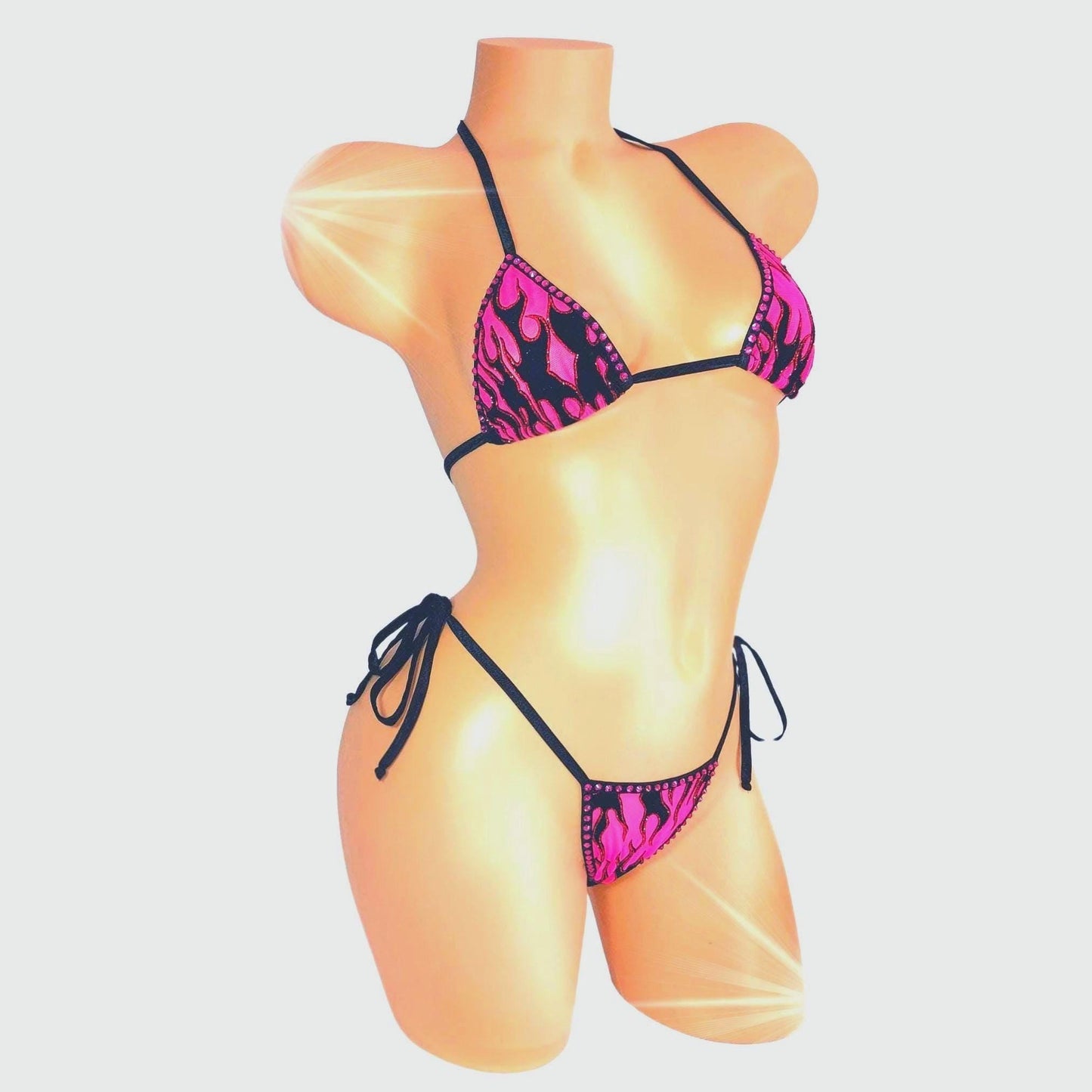 Hot Pink Flame Bikini – Rhinestone Tie G-string, Mix & Match Sizes