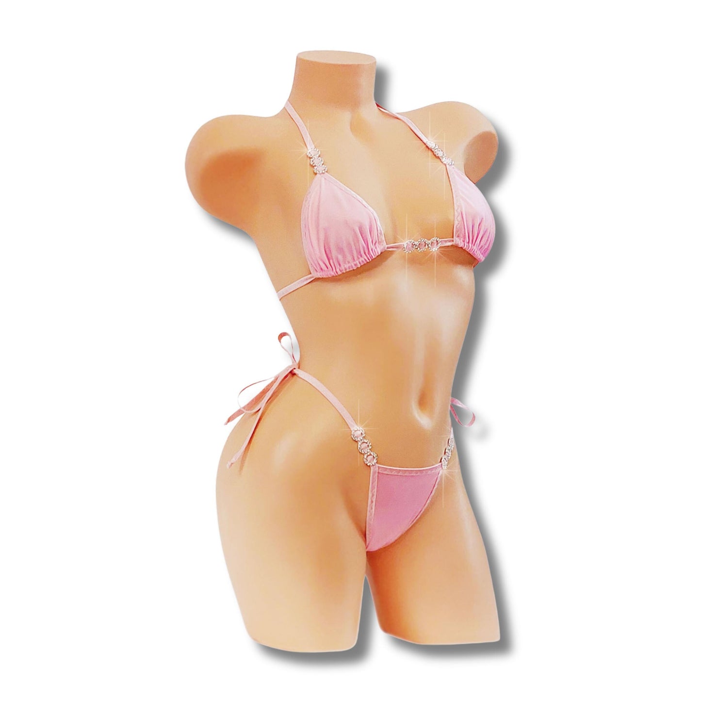 Sugar Baby Blush Pink Diamond accent Tie Side G-string Bikini Set with Rave style whale tail for your Exotic curves - 5 Mix & Match sizes!