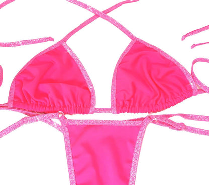 Neon Pink G-String Thong Bikini with Sparkle Trim (Adjustable, AA-DD Cup)