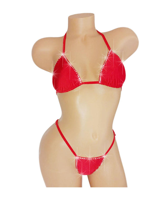 Red Rhinestone Rave G-string thong Bikini Adjustable waistband! Five Mix & Match bottom sizes XSm to XLg, AA - DDcup tops * Dozens of colors
