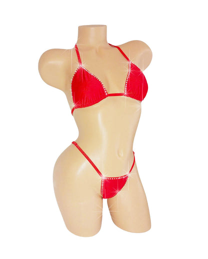 Red Rhinestone Rave G-string thong Bikini Adjustable waistband! Five Mix & Match bottom sizes XSm to XLg, AA - DDcup tops * Dozens of colors
