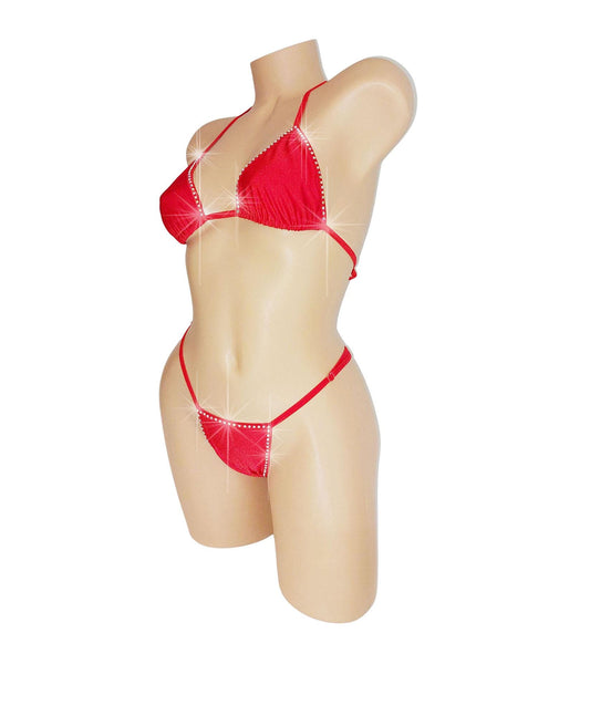 Red Rhinestone Rave G-string thong Bikini Adjustable waistband! Five Mix & Match bottom sizes XSm to XLg, AA - DDcup tops * Dozens of colors