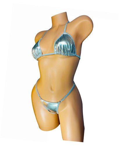 Metallic Liquid Silver Bikini, Adjustable Fit, Rave Dancewear