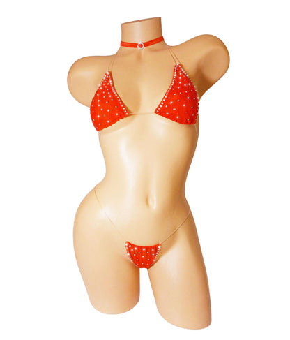 Red Rhinestone Micro Mini Halter Bikini: Adjustable Clear Elastic Straps