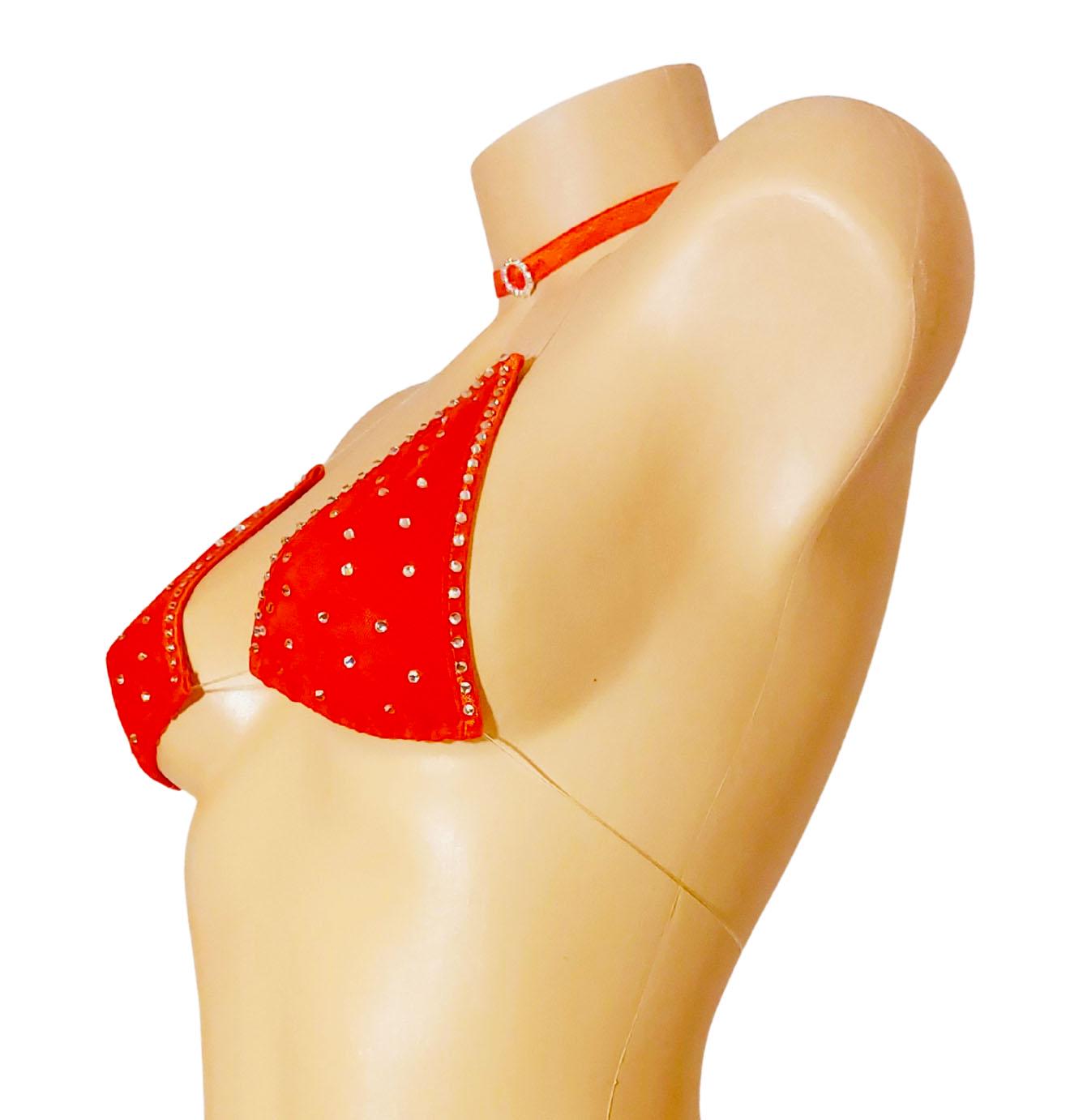 Red Rhinestone Micro Mini Halter Bikini: Adjustable Clear Elastic Straps