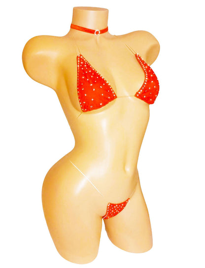 Red Rhinestone Micro Mini Halter Bikini: Adjustable Clear Elastic Straps