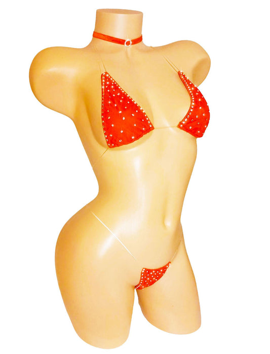 Red Rhinestone Micro Mini Halter Bikini: Adjustable Clear Elastic Straps