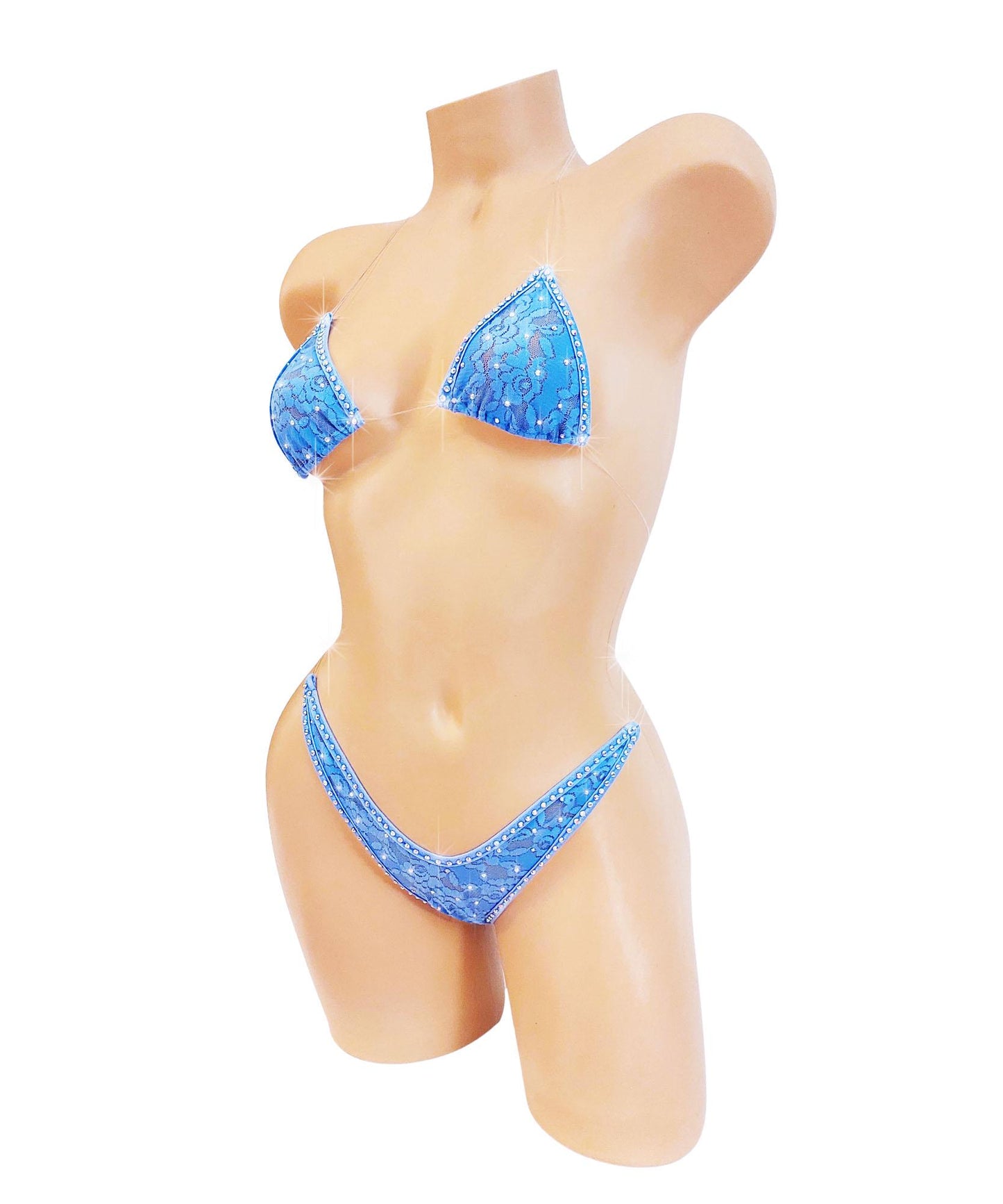 Blue Lace & Rhinestones! Clear invisible ADJUSTABLE straps. Fully lined. AAcup to DD. Stripper outfits exotic dancewear pole