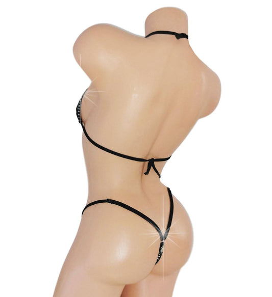 Wet Look stretchy vinyl Sexy Rhinestone bikini  set