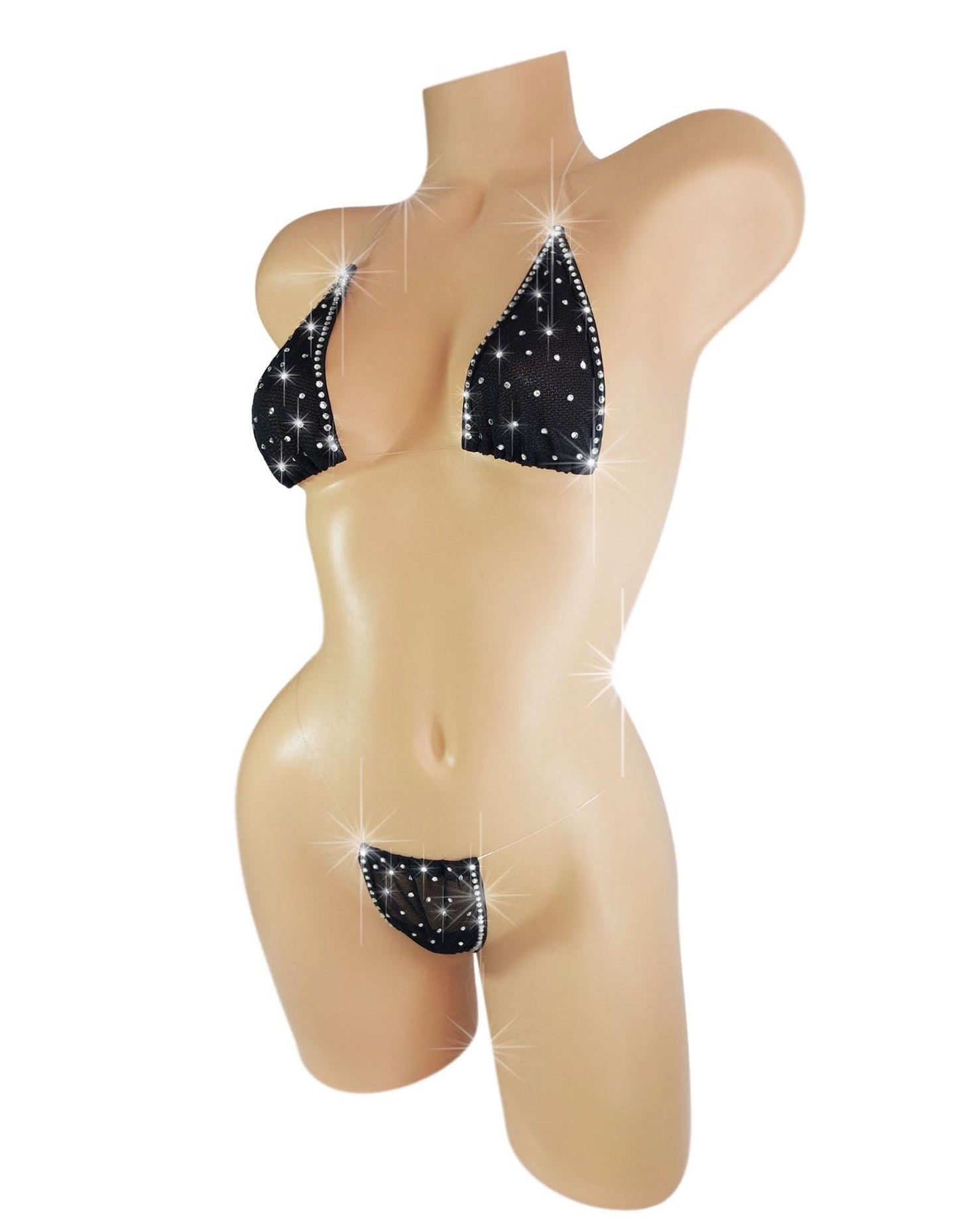 New Black Rhinestone Micro Mini Halter Bikini set - Transparent straps!
