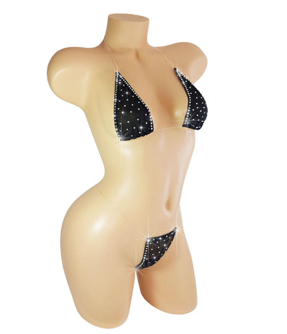 New Black Rhinestone Micro Mini Halter Bikini set - Transparent straps!