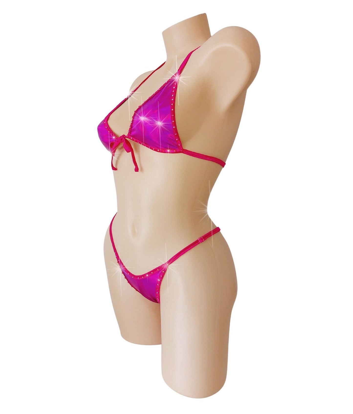 Mini Halter Wet Look Vinyl Rhinestone RAVE G-string Bikini Set - 7 colors!