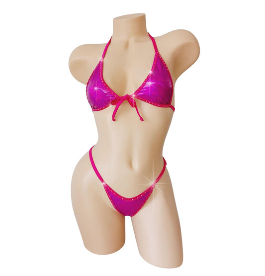 Mini Halter Wet Look Vinyl Rhinestone RAVE G-string Bikini Set - 7 colors!