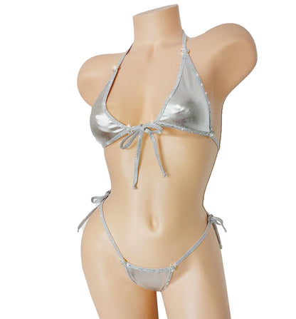 Metallic Silver Rhinestone Rave Set – Tie Side Bikini, Exotic Dancewear