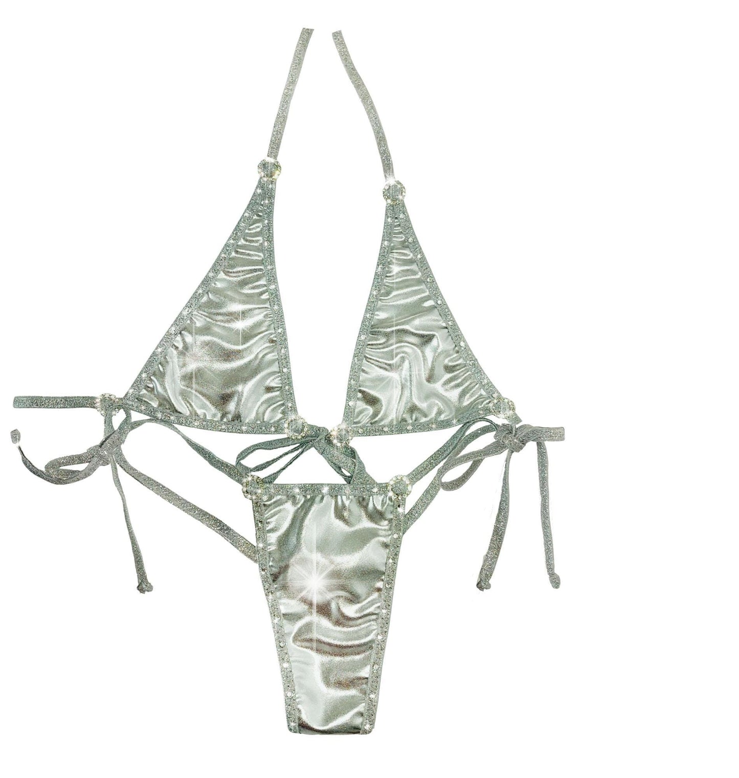 Metallic Silver Rhinestone Rave Set – Tie Side Bikini, Exotic Dancewear
