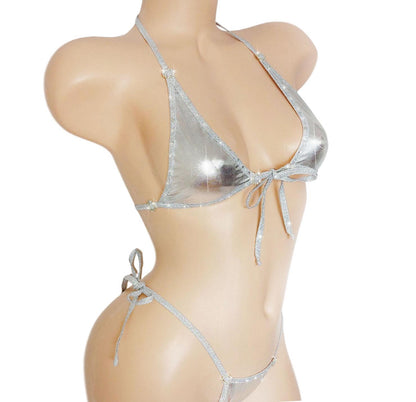 Metallic Silver Rhinestone Rave Set – Tie Side Bikini, Exotic Dancewear