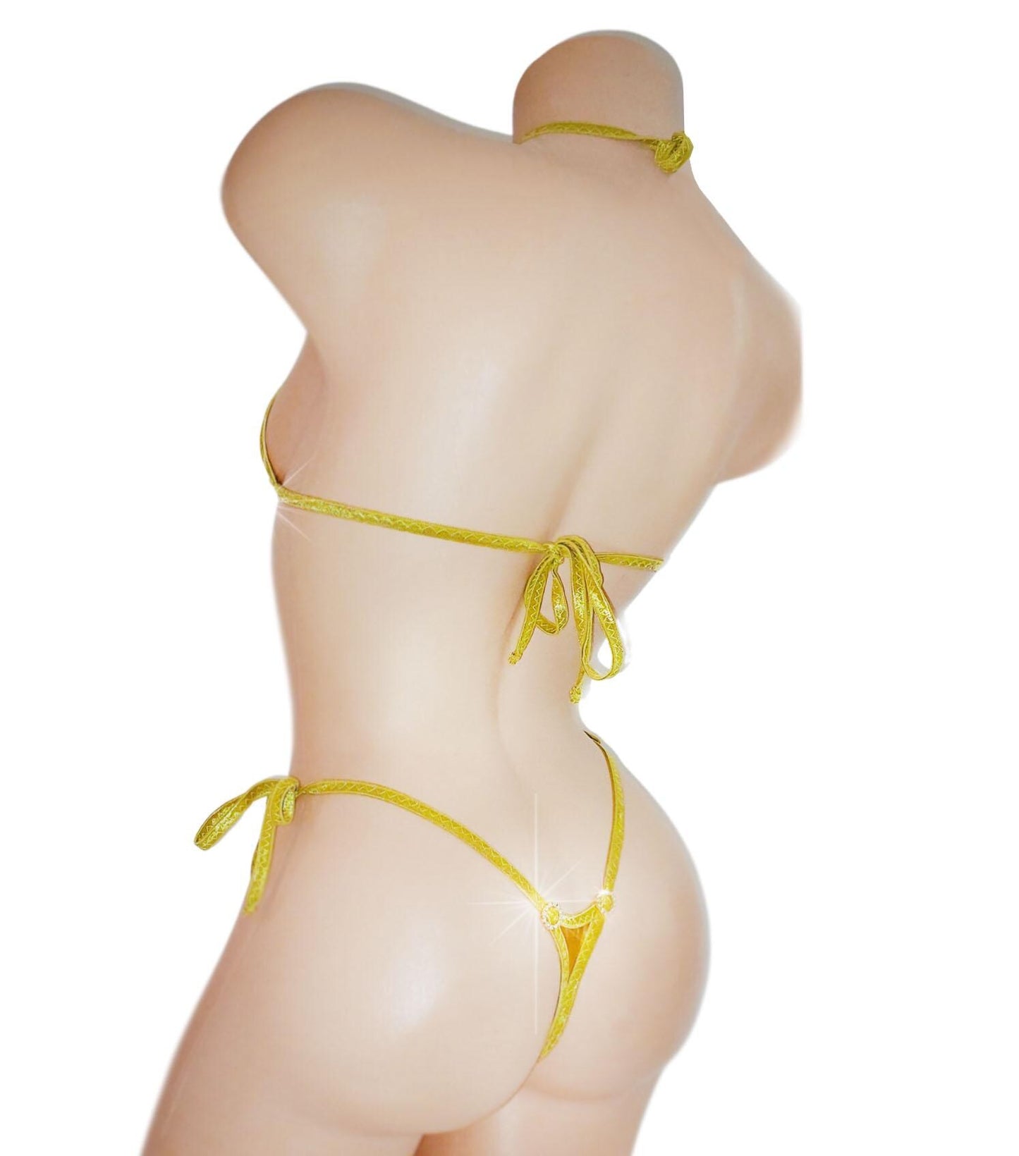 Gold micro halter thong back bikini - Diamonds everywhere!