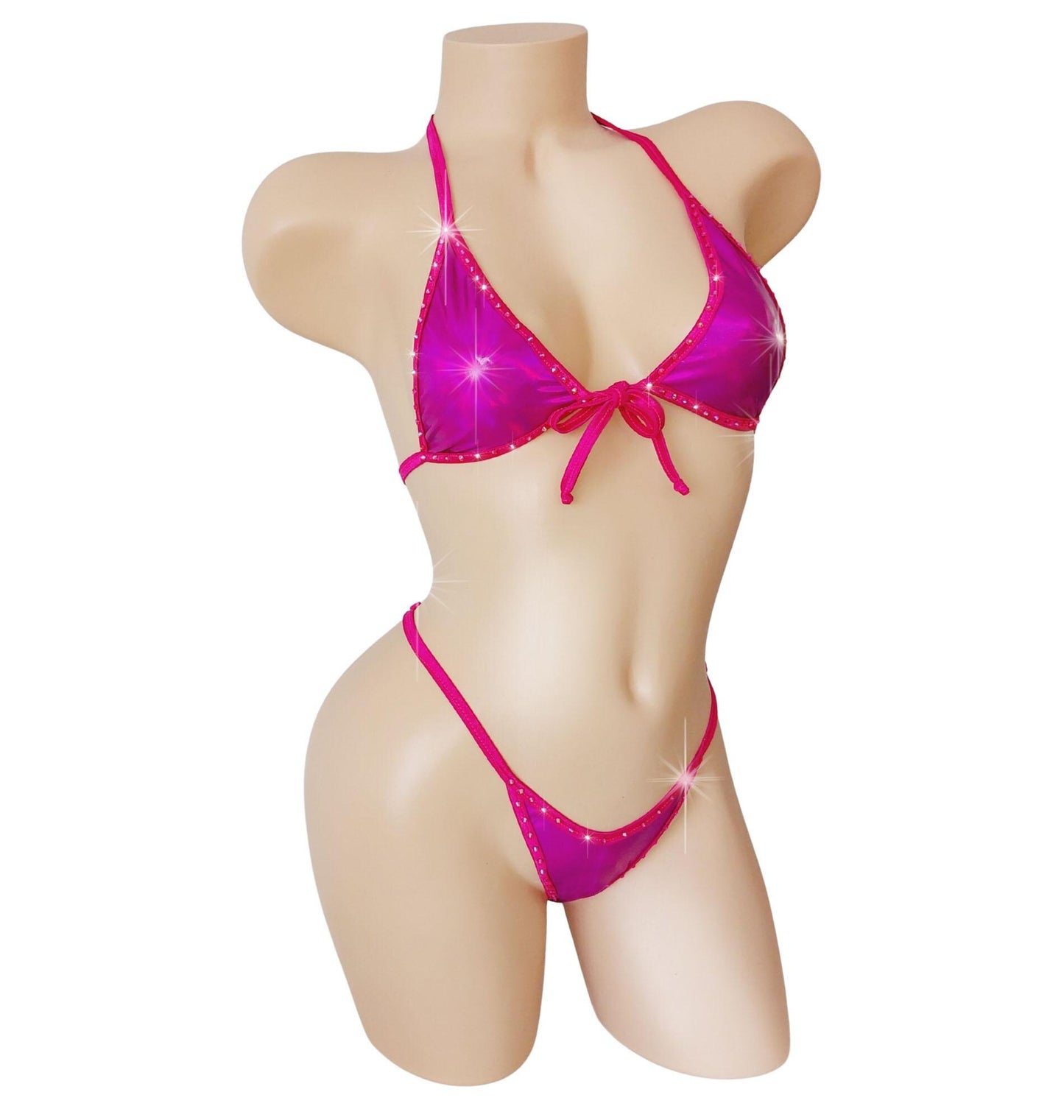 Mini Halter Wet Look Vinyl Rhinestone RAVE G-string Bikini Set - 7 colors!