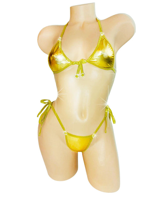 Gold micro halter thong back bikini - Diamonds everywhere!