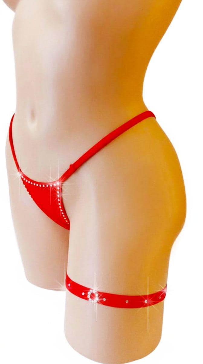 Thong and Garter Set with Rhinestones – Red Wet Look Vinyl
