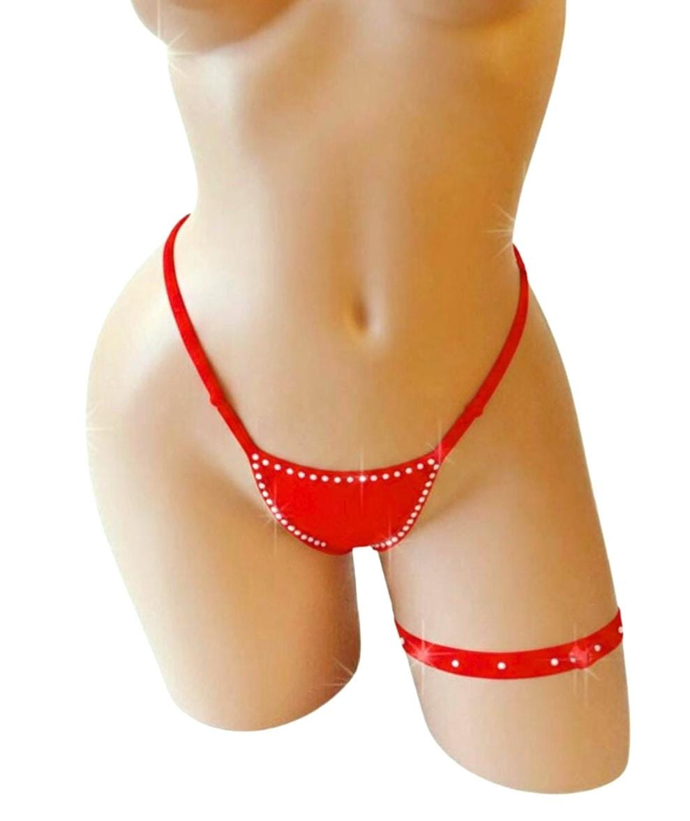 Rhinestone Thong & Garter SET  - Wet Look Vinyl