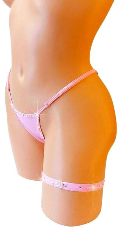 Wet Look Vinyl Garter Set – Adjustable Thong, Crystal Rhinestones, Exotic Dancewear