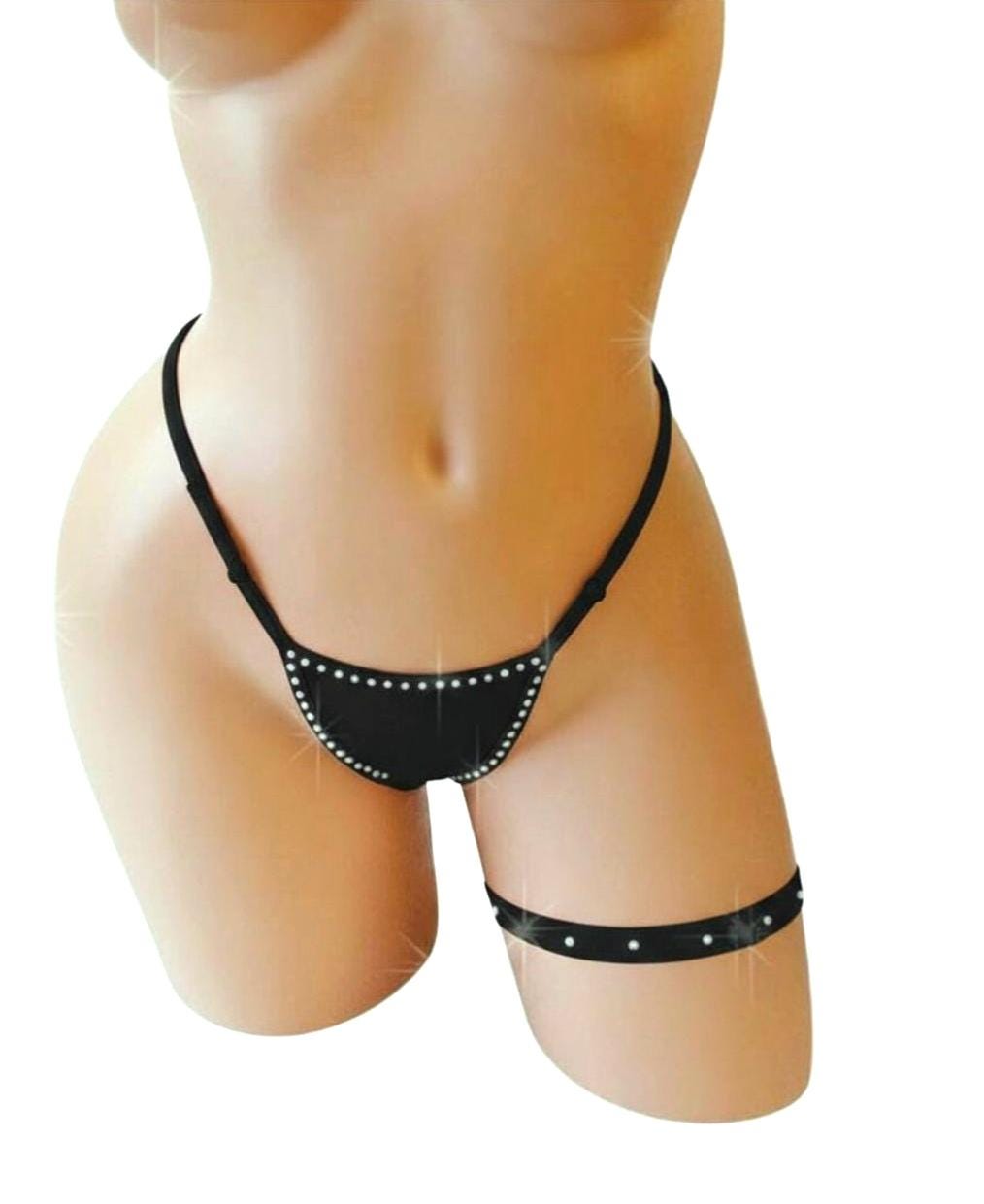 Wet Look Vinyl Garter Set – Adjustable Thong, Crystal Rhinestones, Exotic Dancewear
