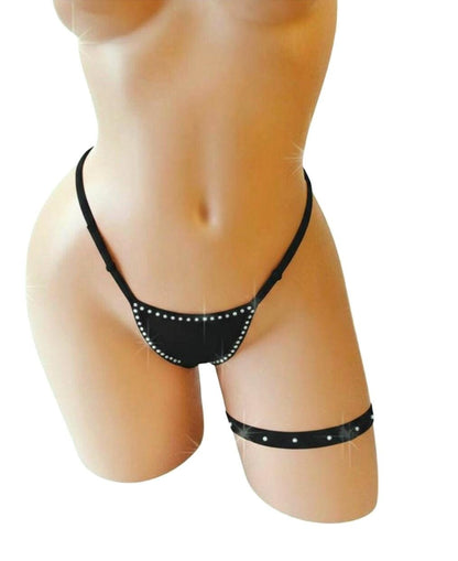 Wet Look Vinyl Garter Set – Adjustable Thong, Crystal Rhinestones, Exotic Dancewear